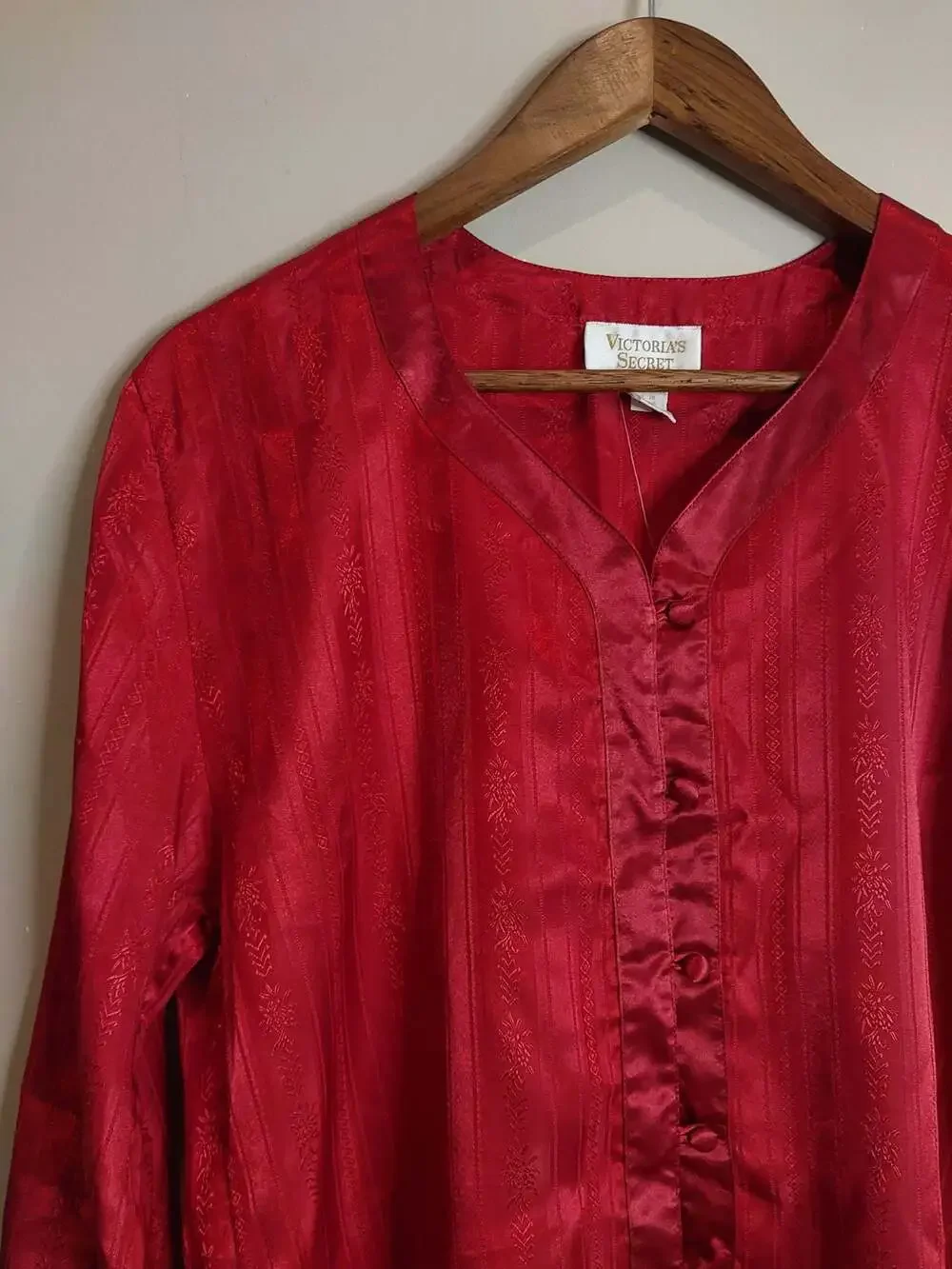 Vintage Victoria's Secret Gold Label Button Front Satin Red Brocade Sleep Shirt